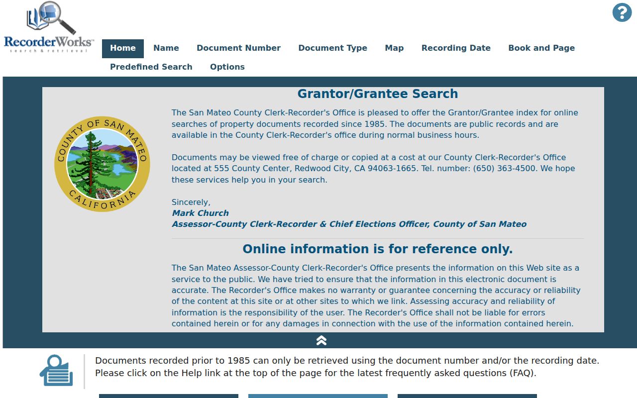 Redwood City residents directory RecorderWorks deed index