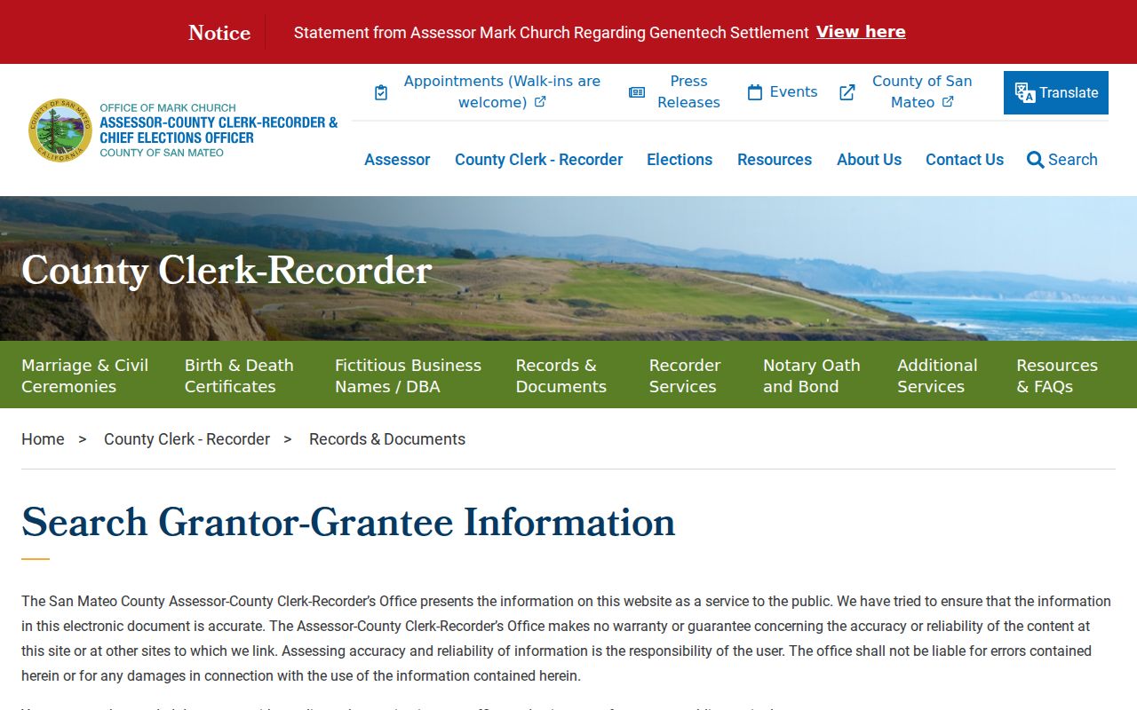 Redwood City previous residents grantor grantee search guidance