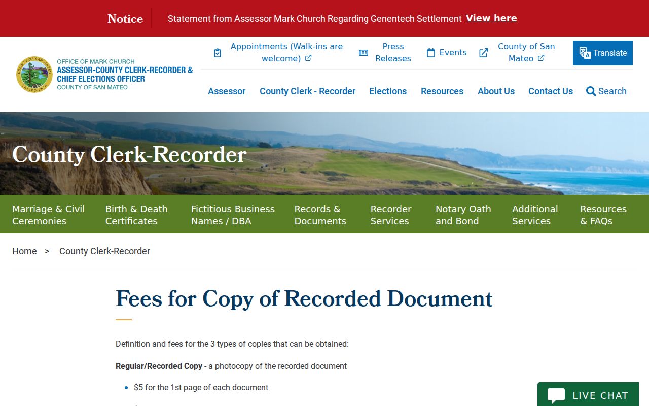 Redwood City previous residents recorded document copy fees