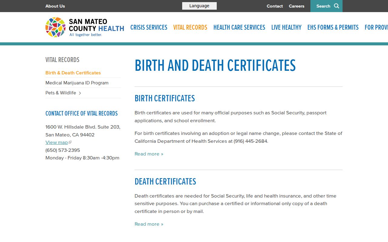 Redwood City previous residents birth and death certificates