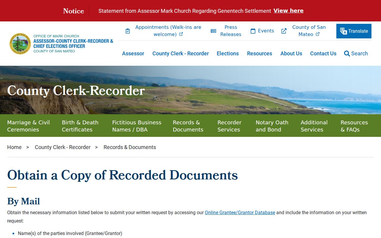 Redwood City previous residents recorded copy instructions