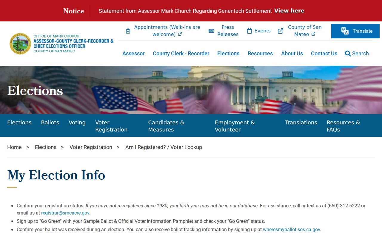 Redwood City resident lookup My Voter Status self-check form