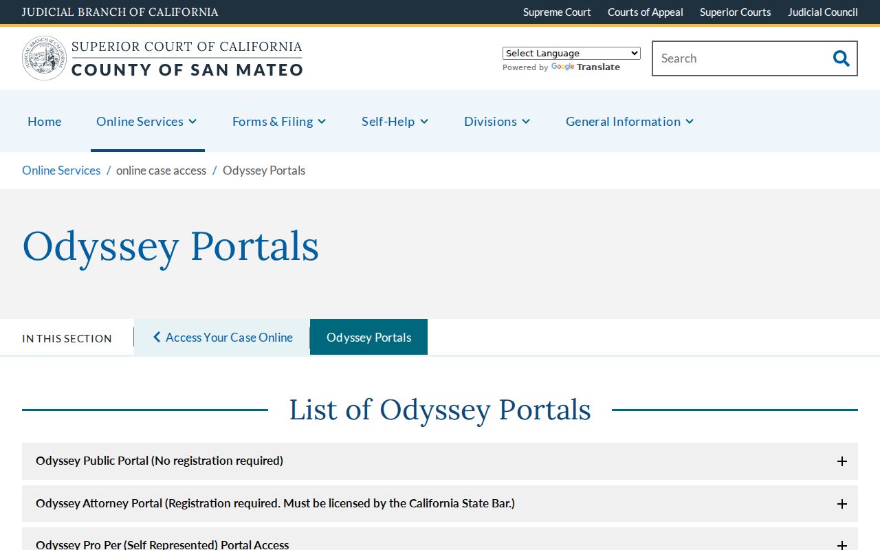 Redwood City resident lookup Odyssey court portal