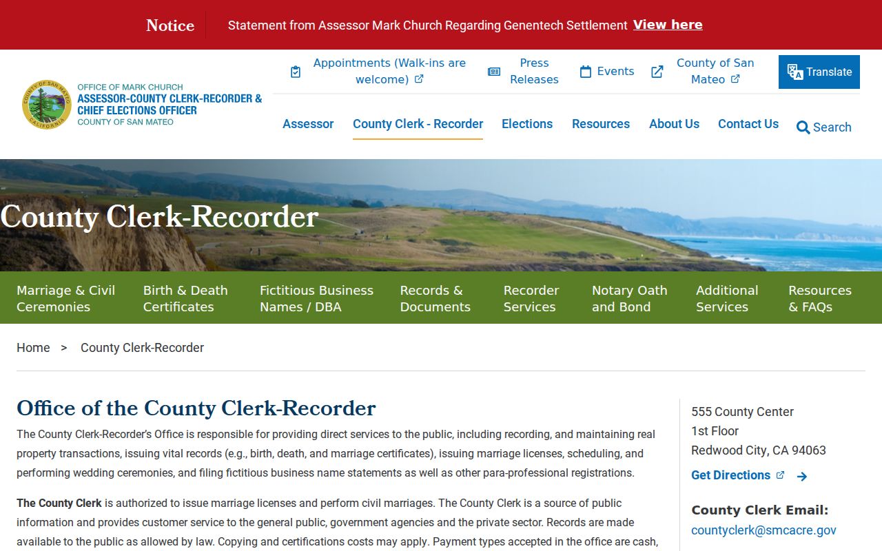 Redwood City resident lookup San Mateo County Clerk-Recorder office