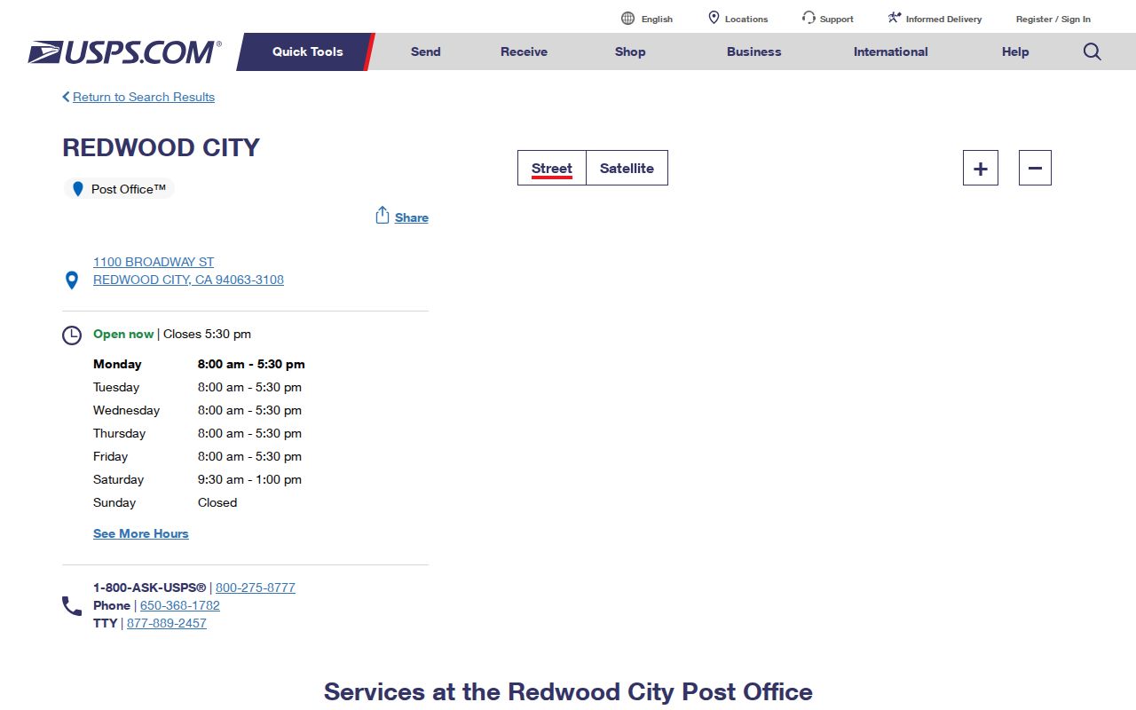 Redwood City ZIP code directory USPS facility details